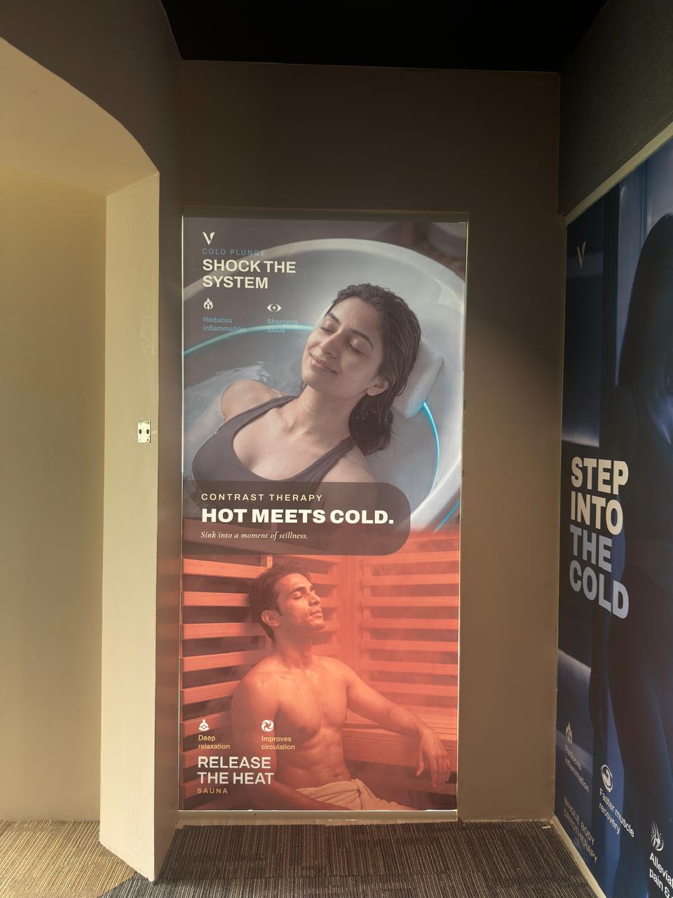Hot Meets Cold — contrast therapy room with cold plunge and sauna at VAURA Wellness